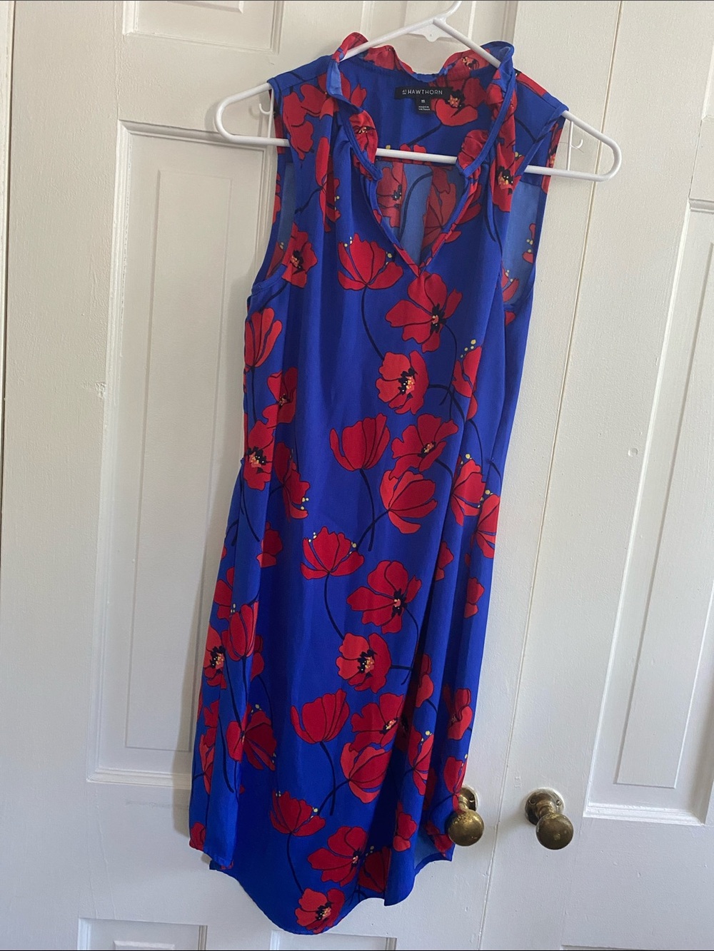 41 Hawthorn Blue Sleeveless Dress with Red Floral Print
